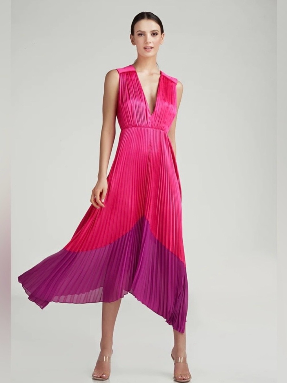 Amur Sleeveless Pleated V-Neck Pink & Purple Midi Dress 4